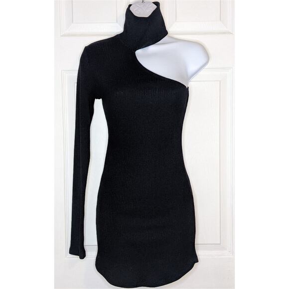 Olivaceous Black Ribbed One Shoulder Turtleneck Bodycon True Romance Dress S - Picture 5 of 16